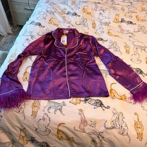 Lola + the Boys Silky Purple Feather-Trim Pajama Set Size Medium